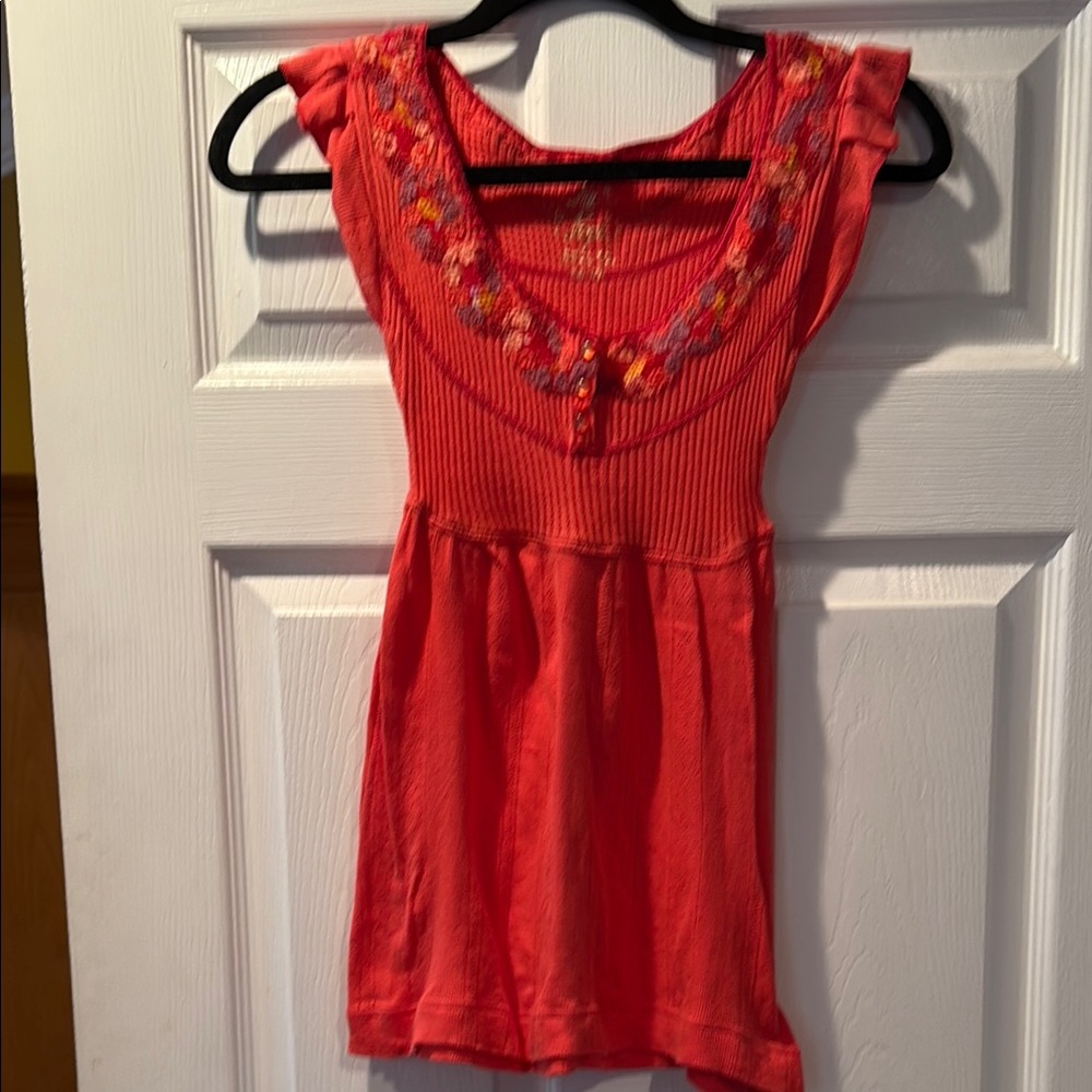 Free People Red Embellished Cap Sleeve Blouse